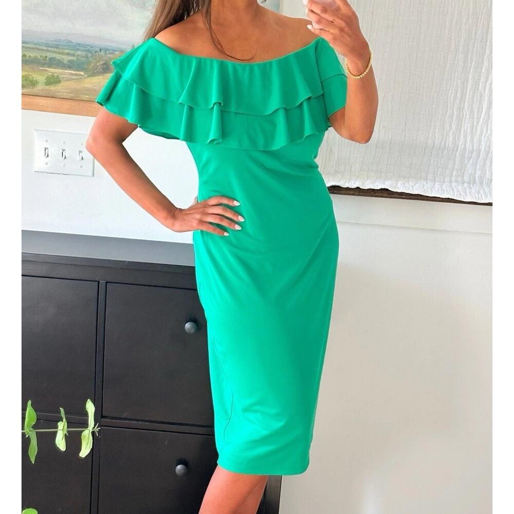 Ralph Lauren Black Label Green Off The Shoulder Ruffle Midi Dress Size 16